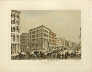 Corner of Lake and La Salle Streets, Chicago, Marine Bank Building in the Year 1864