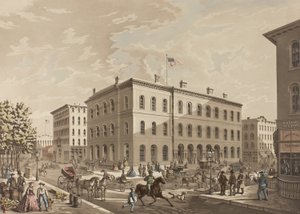 N.W. Corner of Dearborn and Monroe Streets, Chicago, Showing the Post Office Building in the Year 1865