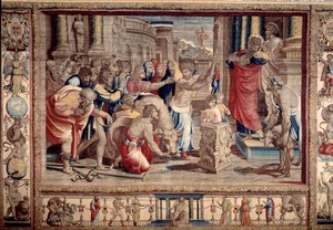 The Sacrifice at Lystra - Life of the apostles Peter and Paul: Saint Paul rejecting divine honours, after having healed an invalid, the inhabitants take him for a god and want to make sacrifices - Tapestry after cardboard by Raffaello Sanzio by after Raphael