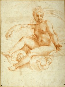 Venus Seated on Clouds Pointing Downwards