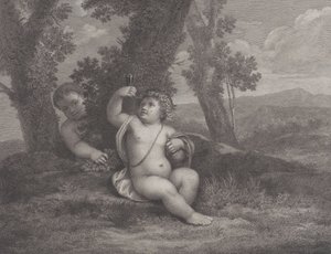 The infant Bacchus seated under a tree, holding up a wine glass, with another infant behind, 1780 by Raphael Morghen