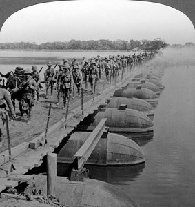Machine Gun Section and Infantry Crossing a Pontoon Bridge, World War I