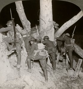Soldiers leaving a trench for a night raid at Messines, Belgium, World War I, 1914-1918 by Realistic Travels Publishers