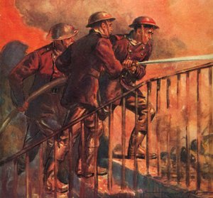 British firemen of the wartime National Fire Service fighting a fire during the Blitz, World War II by Reginald Mills