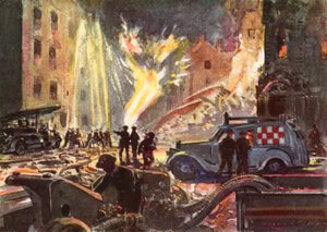 Firemen of the wartime British National Fire Service dealing with a burning gas main during the Blitz, World War II by Reginald Mills