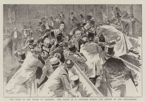 The Fight in the House of Commons, the House as it appeared during the Height of the Disturbance