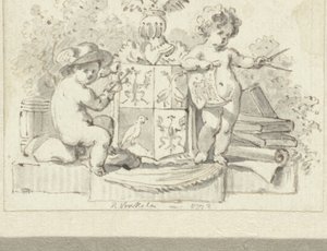 Two Putti with Compass and Aesculapius, by the Family Crest of Schoemaker by Reinier Vinkeles (I)