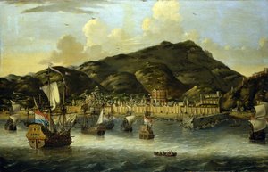 Dutch ships off the coast of Tripoli, with the fortified walls of the port and the city