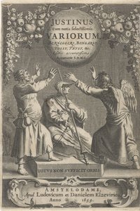 Minerva and Two Chained Figures (Title Page for: A. Thysius, Justinus cum notis selectissimis variorum Berneggerj, Bongarsy, Vossy, Thysy, &c, 1659) by Reinier van Persijn