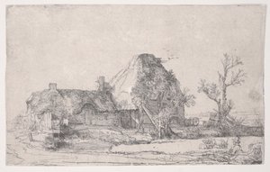 Cottage and Farm Buildings with a Man Sketching by Rembrandt van Rijn