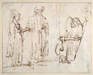 Laban Brings Leah to Jacob, with Jacob Overlaid by a Fragment of Another Drawing; an Angel with a Dog Lying at His Feet by Rembrandt Harmensz. van Rijn