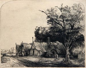 Landscape with Three Huts by Rembrandt Harmensz. van Rijn