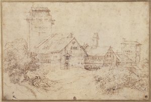 Landscape with buildings and lovers, embracing, after Titian by Rembrandt Harmensz. van Rijn
