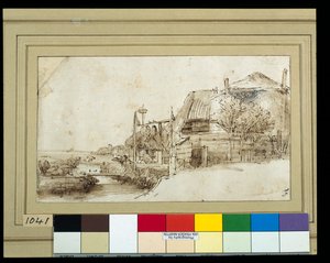 Landscape with farm buildings on the right