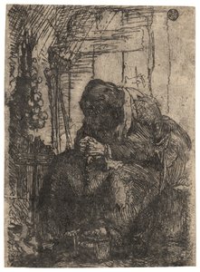 Old Woman Seated in a Cottage with a String of Onions on the Wall