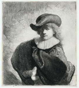 Self Portrait in a Soft Hat and Patterned Cloak by Rembrandt Harmensz. van Rijn