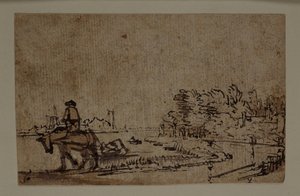View on the Amstel, with a horse towing a barge by Rembrandt Harmensz. van Rijn