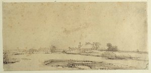 Water, meadows and a farmstead by Rembrandt Harmensz. van Rijn