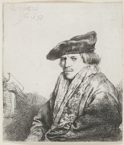 Young Man in a Velvet Cap with Books Beside Him by Rembrandt van Rijn