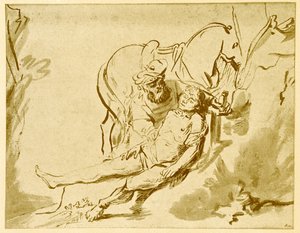 The Good Samaritan Examining the Wounded by Rembrandt van Rijn