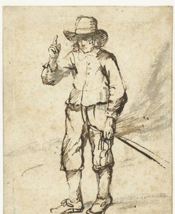 Standing Boy Holding a Whip and Raising his Right Hand by Rembrandt van Rijn (school of)