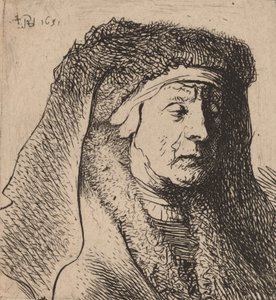 Bust of an Old Woman in a Furred Cloak and Heavy Headdress by Rembrandt van Rijn
