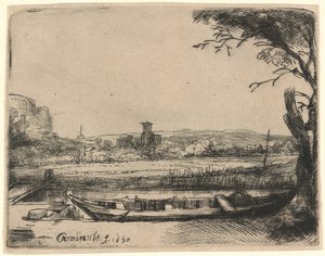 Canal with a Large Boat and Bridge by Rembrandt van Rijn