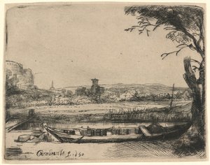 Canal with a Large Boat and Bridge by Rembrandt van Rijn