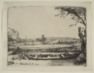 Canal with a Large Boat and a Bridge by Rembrandt van Rijn