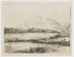 Canal with an Angler and Two Swans by Rembrandt van Rijn