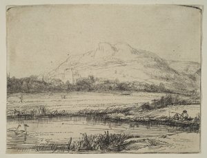 Canal with an Angler and Two Swans by Rembrandt van Rijn
