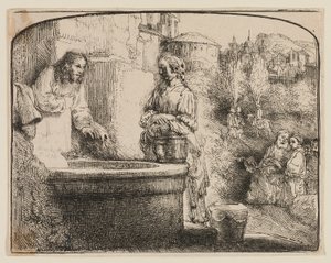 Christ and the Woman of Samaria: An Arched Print by Rembrandt van Rijn