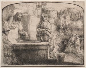 Christ and the Woman of Samaria: An Arched Print by Rembrandt van Rijn