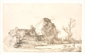 Cottage and Farm Buildings with a Man Sketching by Rembrandt van Rijn