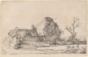 Cottages and Farm Buildings with a Man Sketching by Rembrandt van Rijn