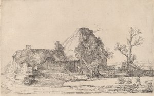 Cottages and Farm Buildings with a Man Sketching by Rembrandt van Rijn
