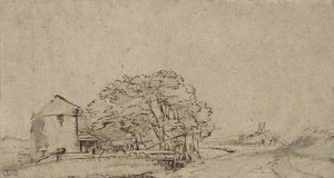 Farm Building Beside a Road with Distant Farmstead by Rembrandt van Rijn