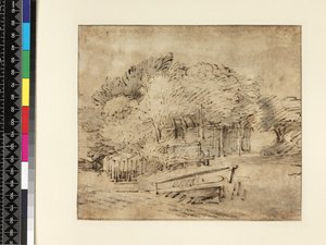 Farmhouse Beneath Trees, with a Footbridge, c.1650 by Rembrandt van Rijn