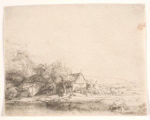 Landscape with a Cow Drinking by Rembrandt van Rijn