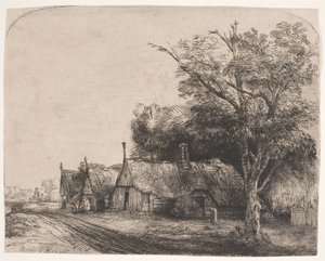 Landscape with Three Gabled Cottages Beside a Road by Rembrandt van Rijn