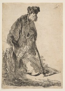 Man in a Coat and Fur Cap Leaning against a Bank by Rembrandt van Rijn