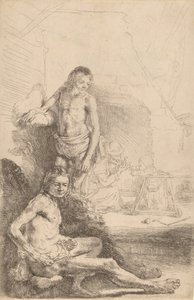 Nude Man Seated and Nude Man Standing, with a Woman and Baby in the Background, c. 1646