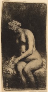 Nude Seated on a Bench with a Pillow (Woman Bathing Her Feet at a Brook) by Rembrandt van Rijn