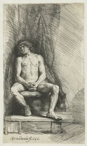 Nude Young Man, Seated Before a Curtain by Rembrandt van Rijn