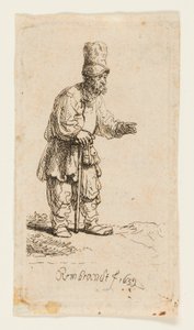 Peasant in a High Cap, Standing Leaning on a Stick by Rembrandt van Rijn