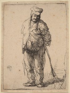 Ragged Peasant with His Hands Behind Him, Holding a Stick by Rembrandt van Rijn