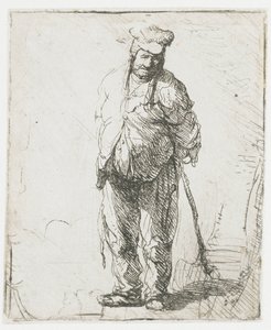 Ragged Peasant with His Hands Behind Him, Holding a Stick by Rembrandt van Rijn