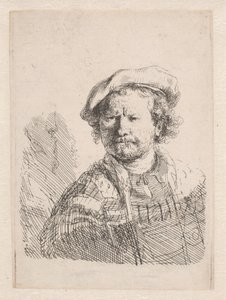 Rembrandt in a flat cap with a shawl about his shoulders by Rembrandt van Rijn