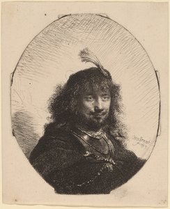 Self-Portrait with Plumed Cap and Lowered Sabre by Rembrandt van Rijn