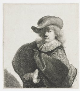 Self-Portrait in a Soft Hat and a Patterned Cloak by Rembrandt van Rijn